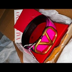 Valentino Vibrant Pink Belt with Gold V Buckle
